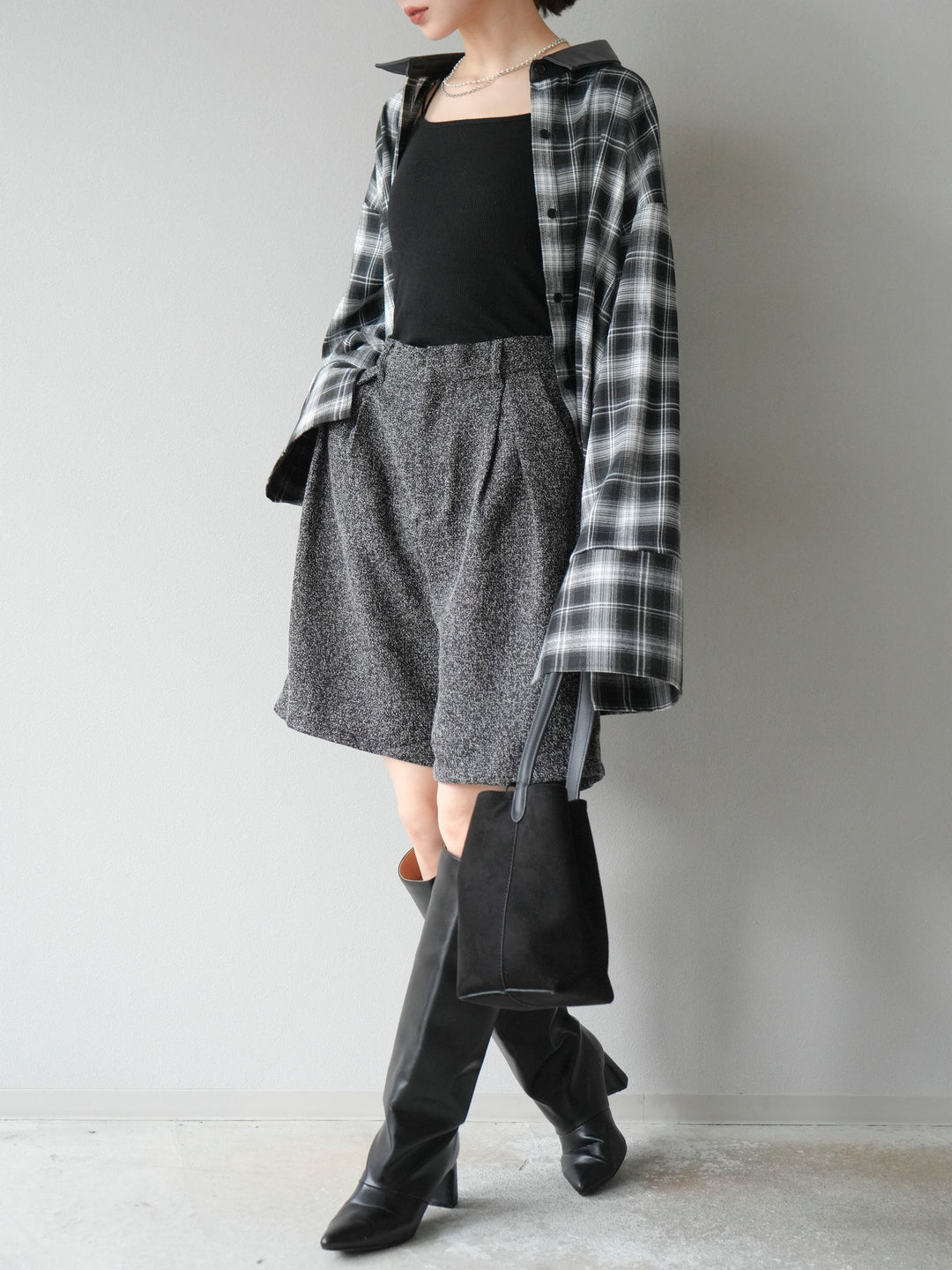 【着回しセット】[SET]レザー襟オンブレチェックオーバーシャツ +クラッシュベロアナロースカート+ツイードハーフパンツ(3set)