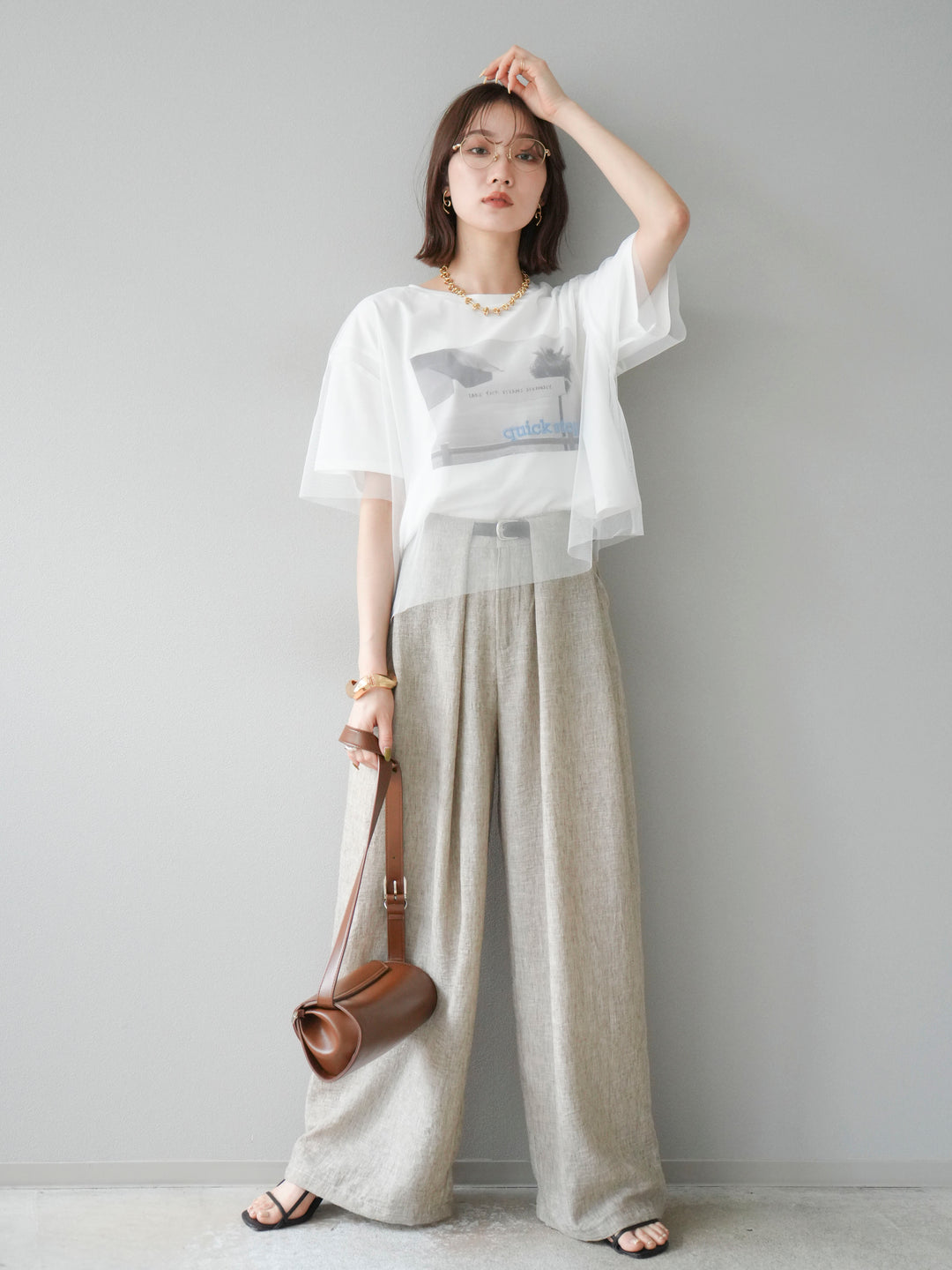 [予約]リネンライクベルト付タックループワイドパンツ/ベージュ