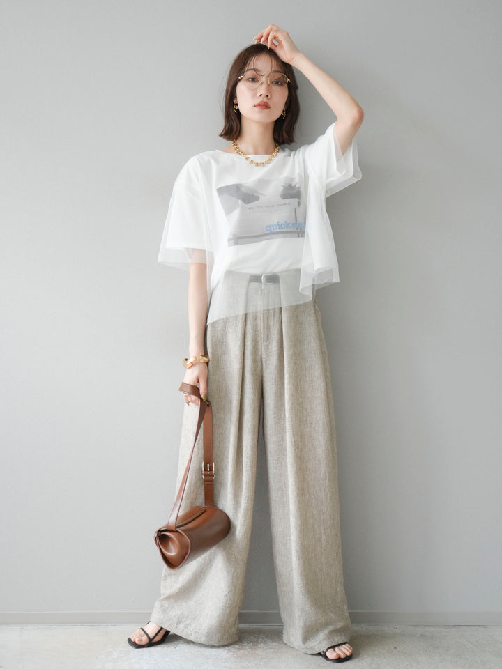 [予約]リネンライクベルト付タックループワイドパンツ/ベージュ
