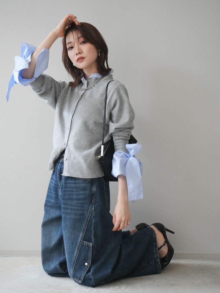 [予約]ウールライクリボンシャツカーディガン/gray