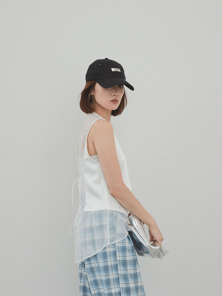 [予約]サテン×レース切替ベスト/ホワイト