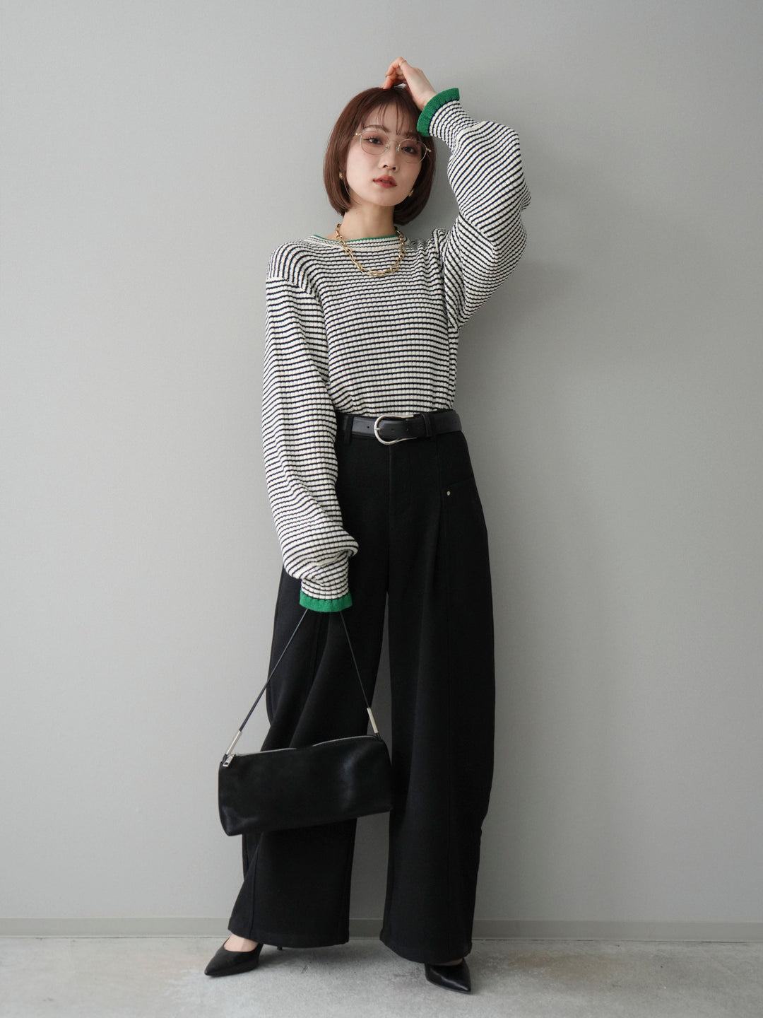 [SET]ラメ異素材ボーダーリブニットプルオーバー+ベルト付起毛コクーンパンツ(2set)