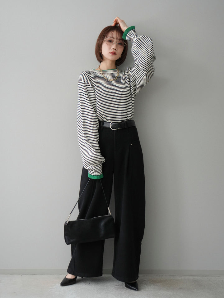 [SET]ラメ異素材ボーダーリブニットプルオーバー+ベルト付起毛コクーンパンツ(2set)