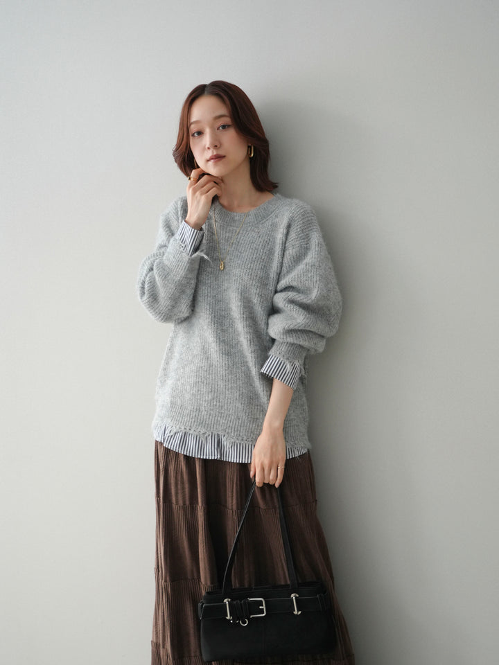 [SET]裾シャツレイヤードダメージニットプルオーバー+ストーンフォークリング(2set)