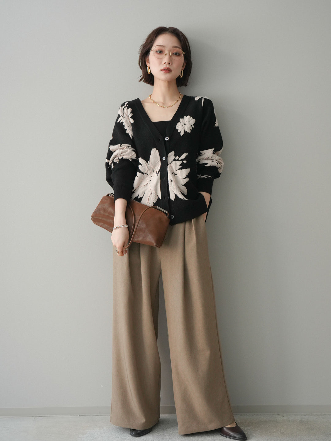 [予約]サテンベルトタックワイドパンツ/beige