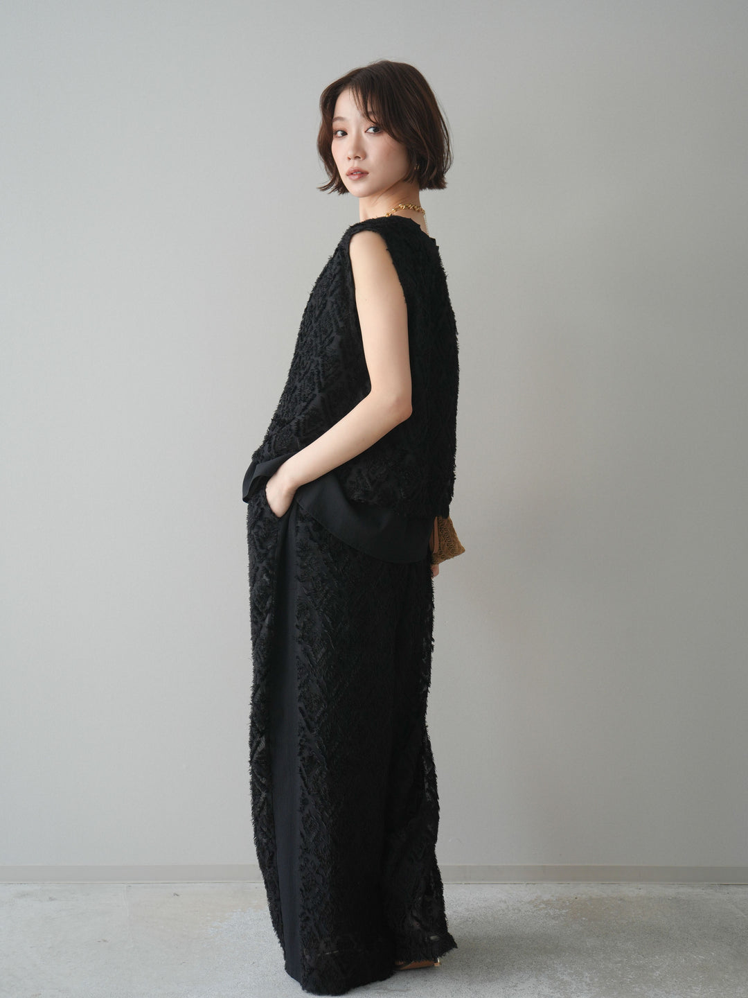 [SET]フリンジレイヤードVネックノースリーブ+フリンジイージーストレートパンツ(2set)