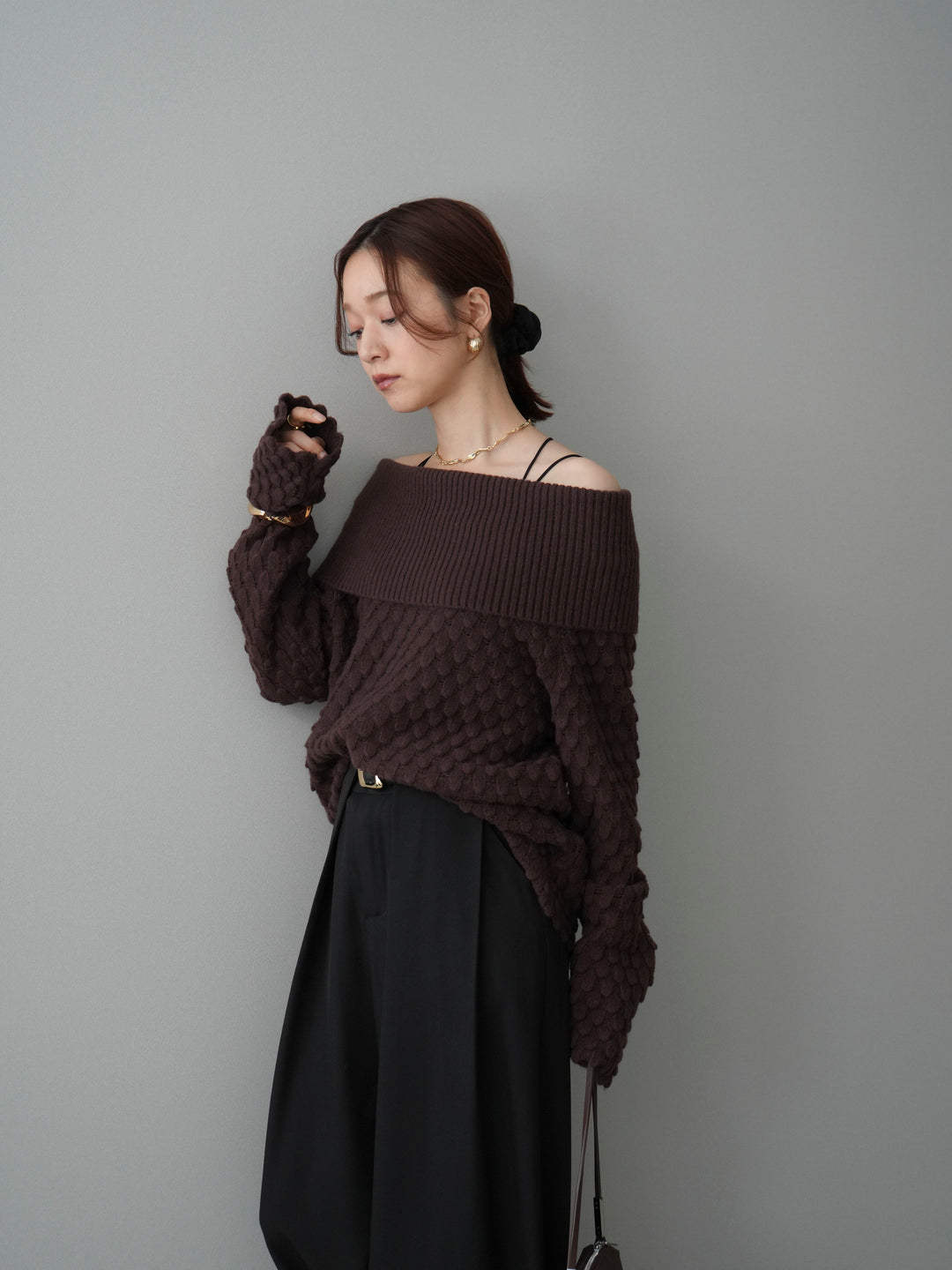 [SET]ポコポコ編みオフショルニットプルオーバー+ベルトループデザインワイドパンツ(2set)