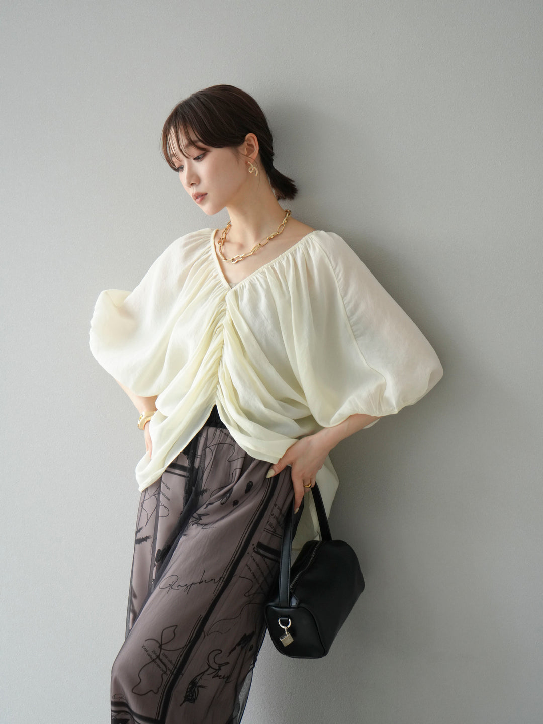 [SET]ボリュームスリーブシアータックブラウス+コード刺繍チュールレイヤードパンツ(2set)