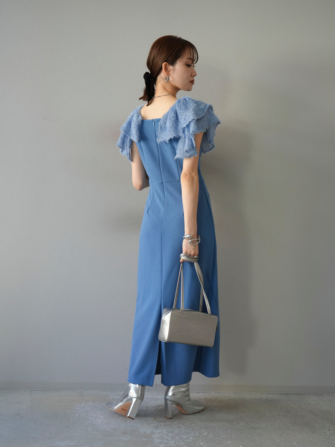 [予約]ジャガードフレアスリーブドレス/ブルー