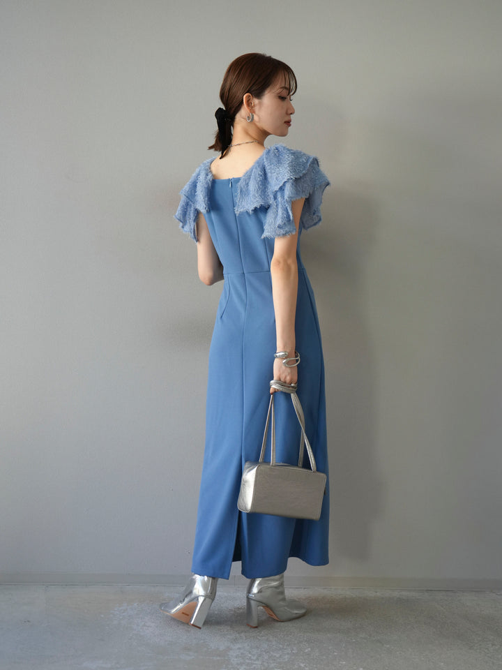 [予約]ジャガードフレアスリーブドレス/ブルー