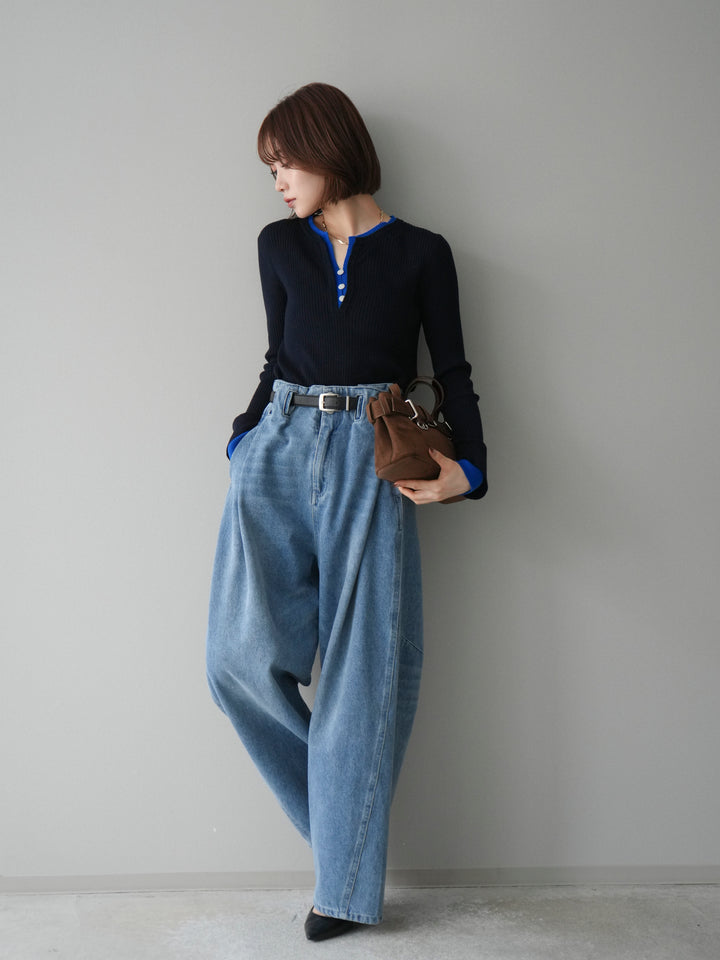 [SET]バイカラーキーネックリブニットトップス+ハイウエストベルトループデザインデニムパンツ(2set)