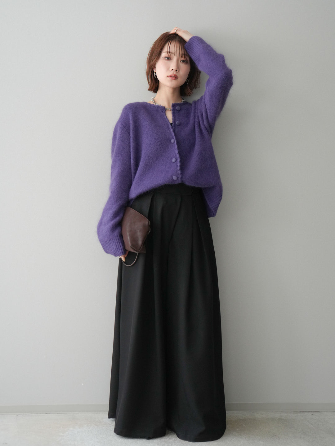 [SET]くるみボタンニットカーディガン+テープベルトタックバギーパンツ(2set)