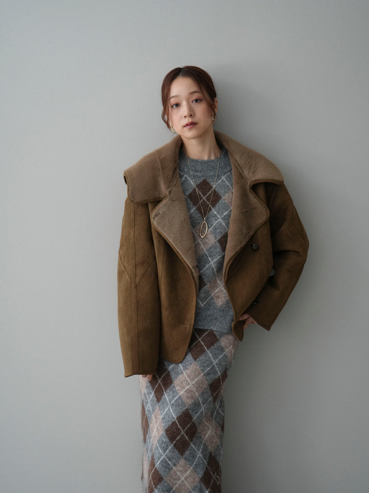 [SET]アーガイルニットプルオーバー&ロングスカートSET UP+ムートンショートジャケット(2set)