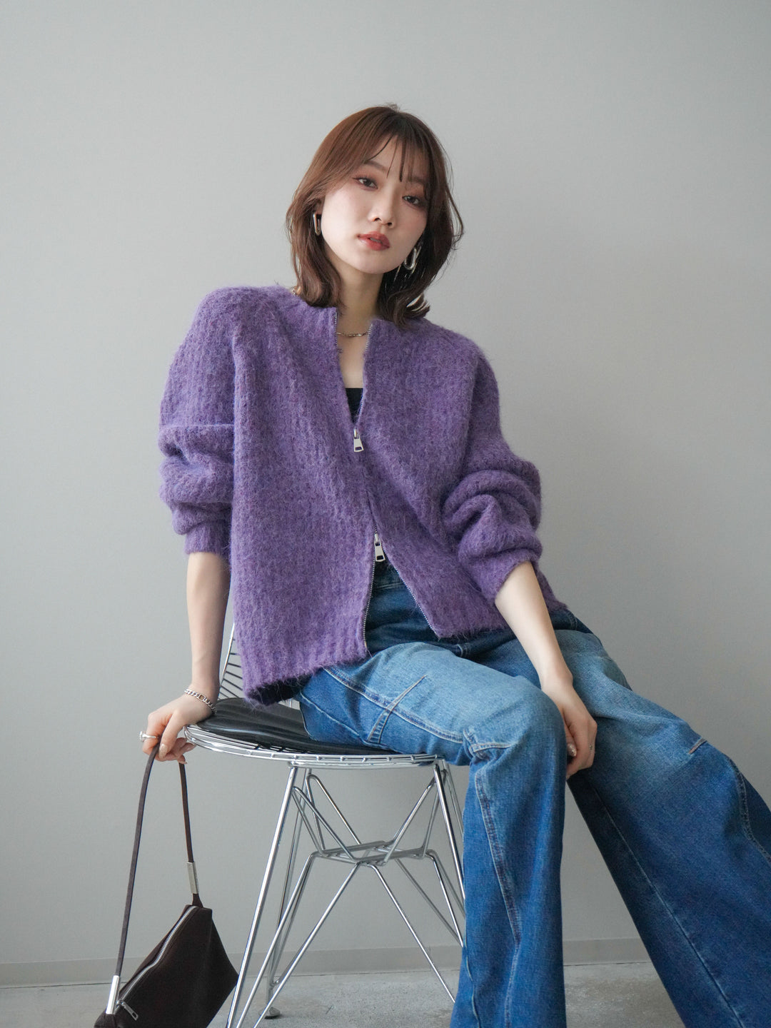 [予約]MIXヤーンモヘアタッチZIPニットカーディガン/purple