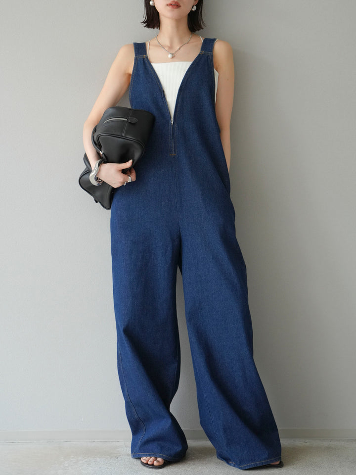 [予約]フロントZIP Vネックデニムサロペット/インディゴ