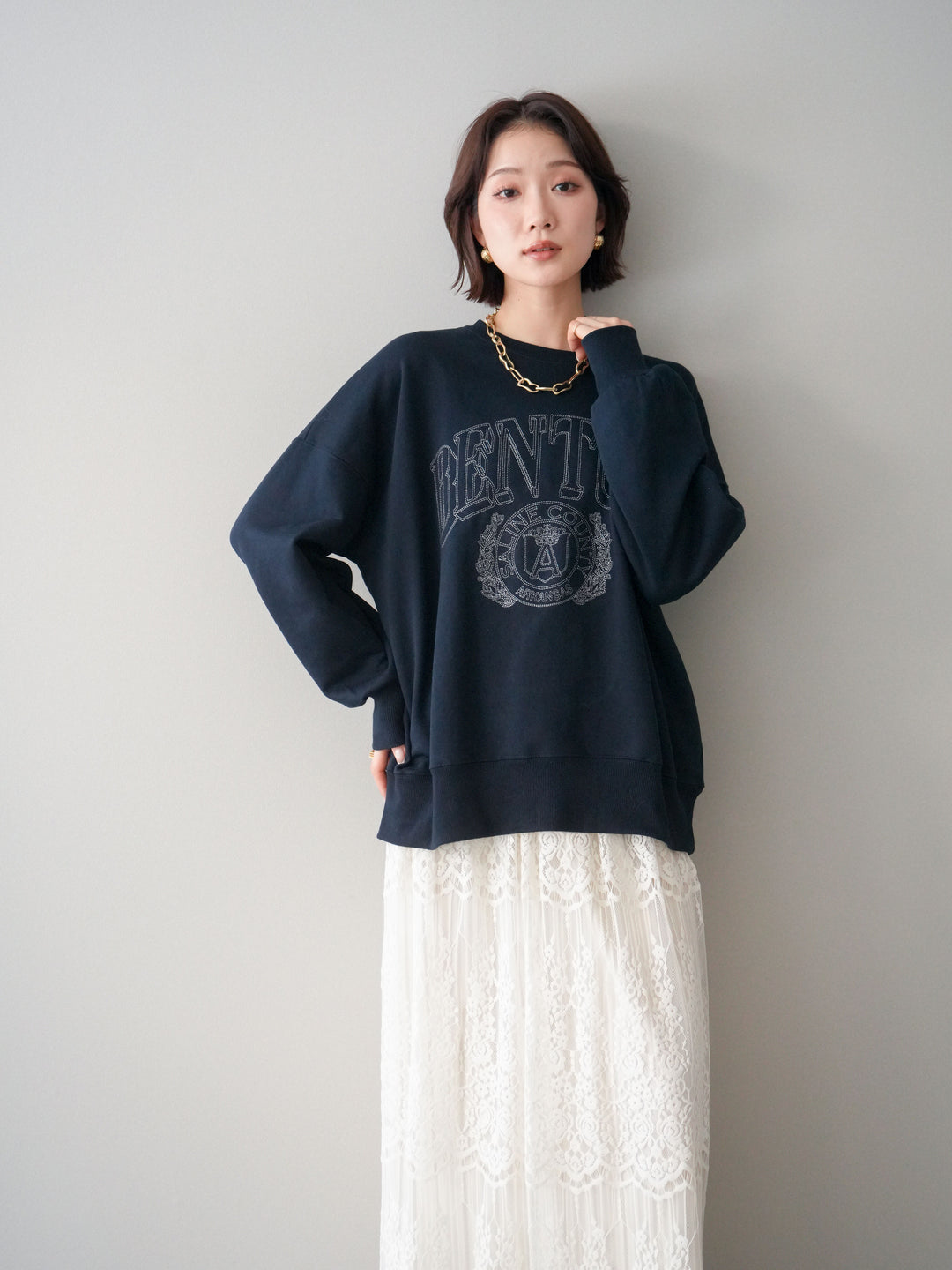 [SET]カレッジロゴ刺繍BIGスウェットプルオーバー+裏プリーツ総レースロングスカート(2set)