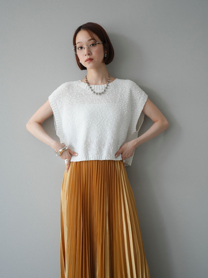 [SET]ネップヤーンクロップドニットベスト+サテンプリーツマキシスカート(2set)