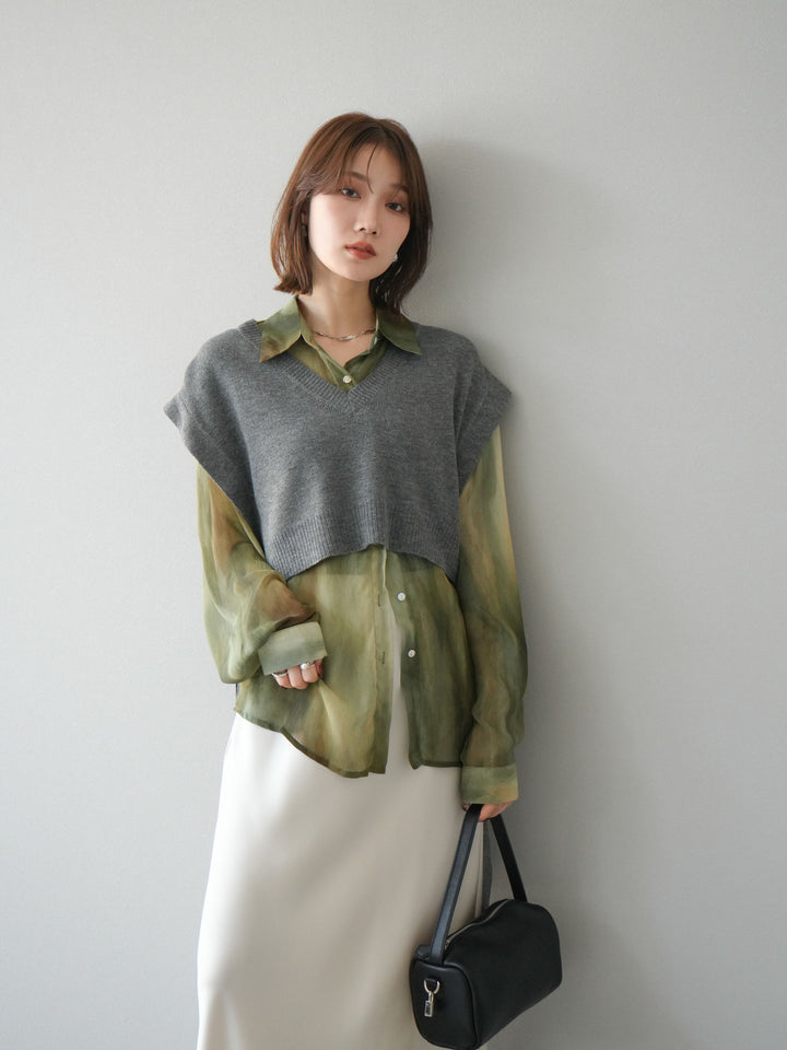 [予約]サイドリボンVネックショートニットベスト/チャコール