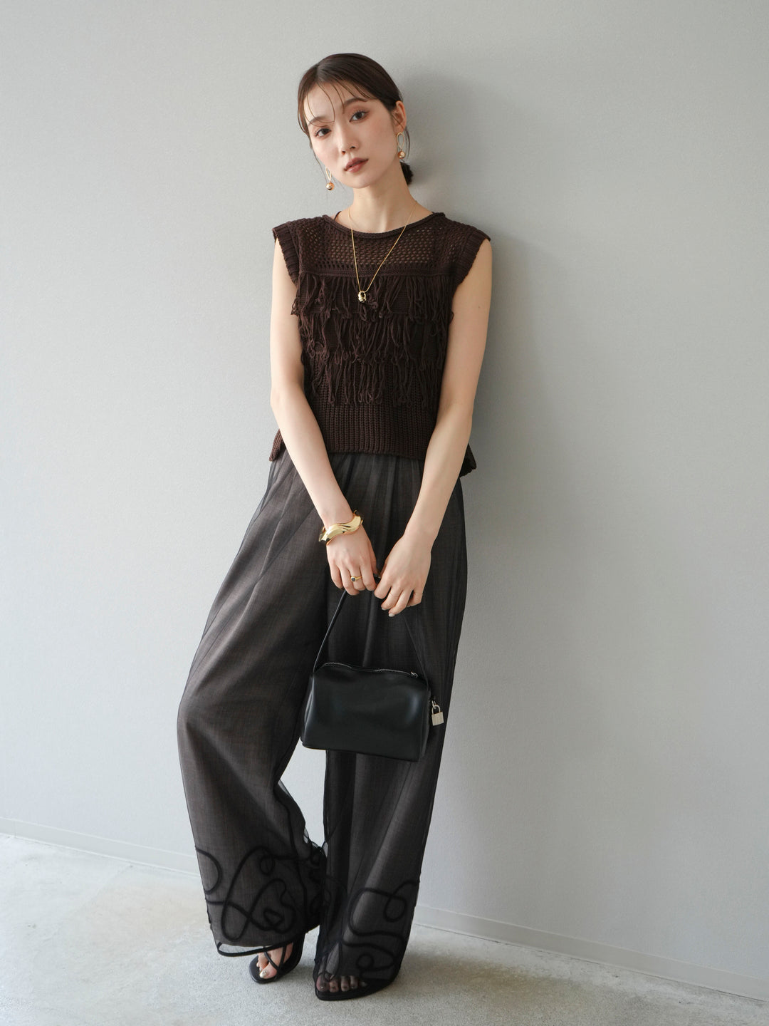 [SET]透かし編みフリンジニットトップス+コード刺繍チュールレイヤードパンツ(2set)