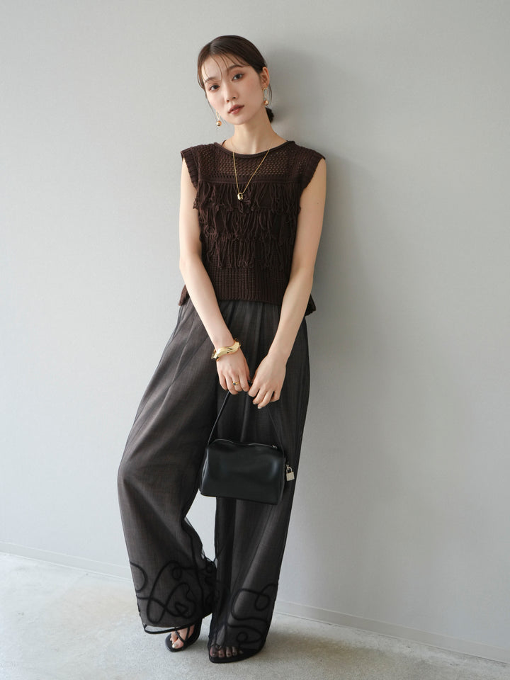 [SET]透かし編みフリンジニットトップス+コード刺繍チュールレイヤードパンツ(2set)