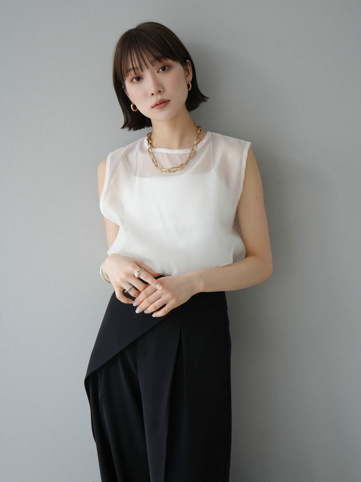 [SET] Organza sleeveless top + wrap wide pants (2set)