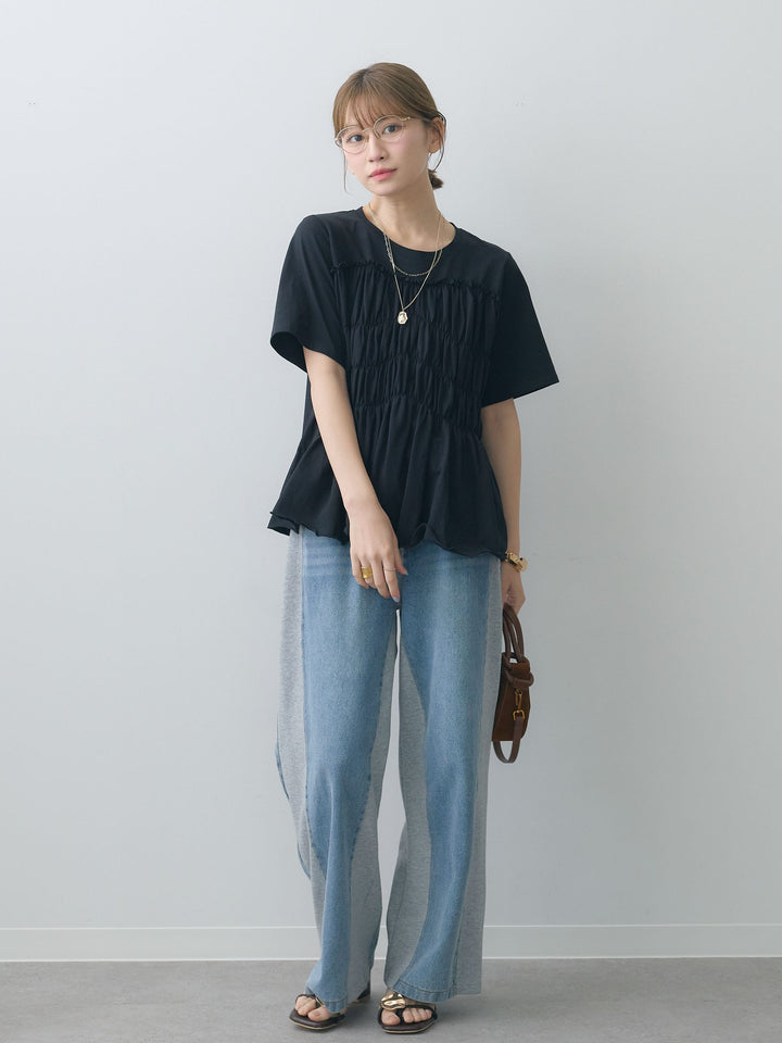 [SET]クールタッチシャーリングTEE+デニム切替スウェットパンツ(2set)
