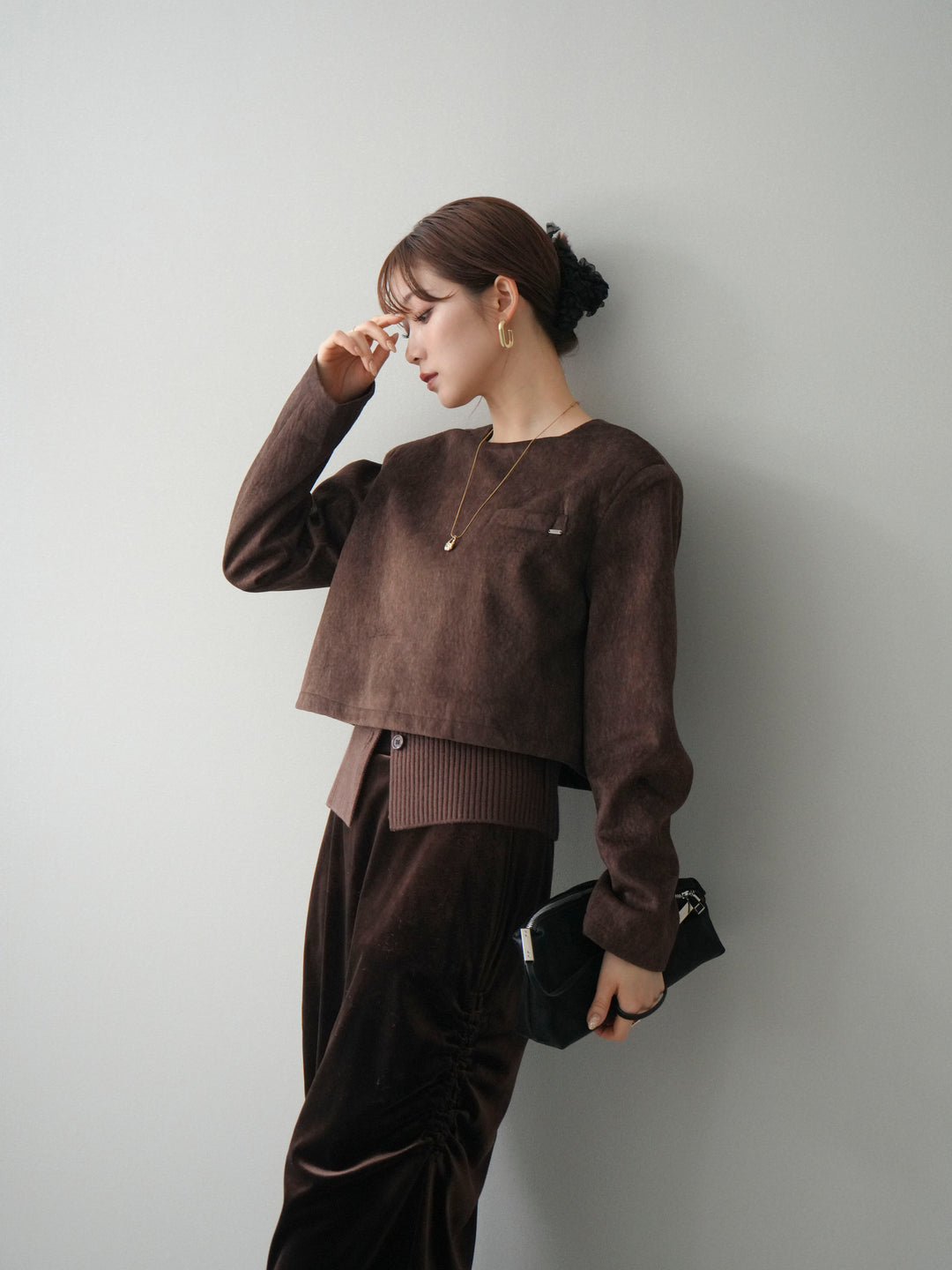 [予約]リブニットレイヤードスエードプルオーバー/brown