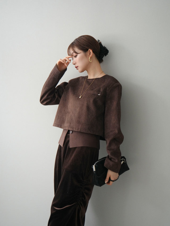 [予約]リブニットレイヤードスエードプルオーバー/brown