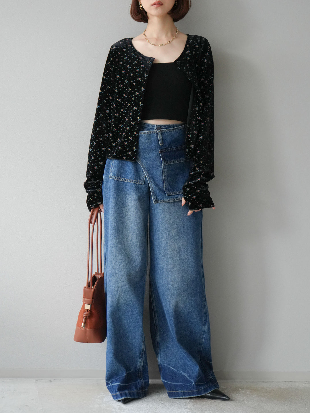 [予約]ベロアフラワープリントカーディガン/ブラックxイエロー