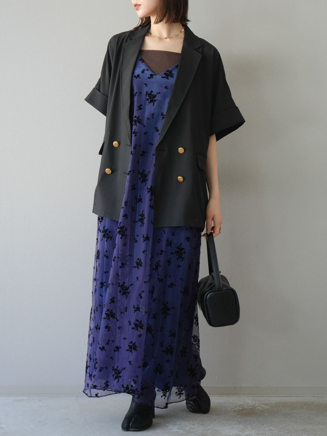 [套裝] 植絨薄紗層疊天鵝絨吊帶連身裙 + 金色紐帶半夾克 (2 套)