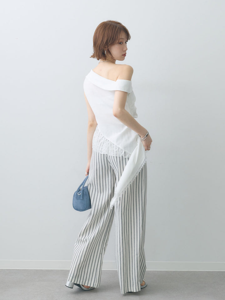 [SET]アシンメトリーラッフルレースヘムトップス+エプロン巻ストライプワイドパンツ(2set)
