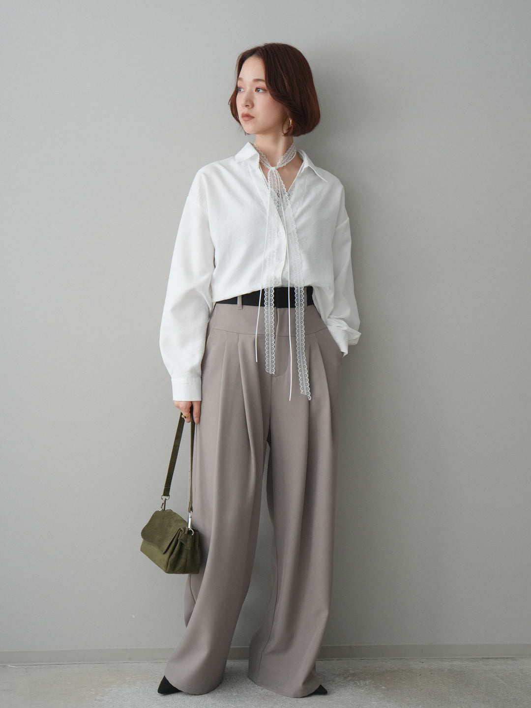 [予約]ウエストバイカラータックワイドパンツ/greige