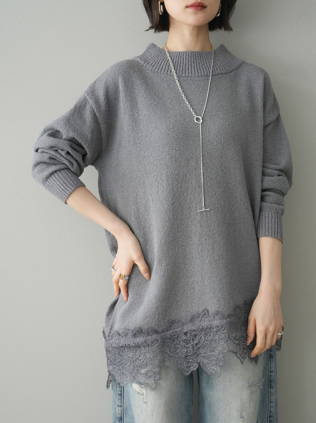 [SET]アシンメトリーレースヘムニットプルオーバー+選べるアクセセット(2set)