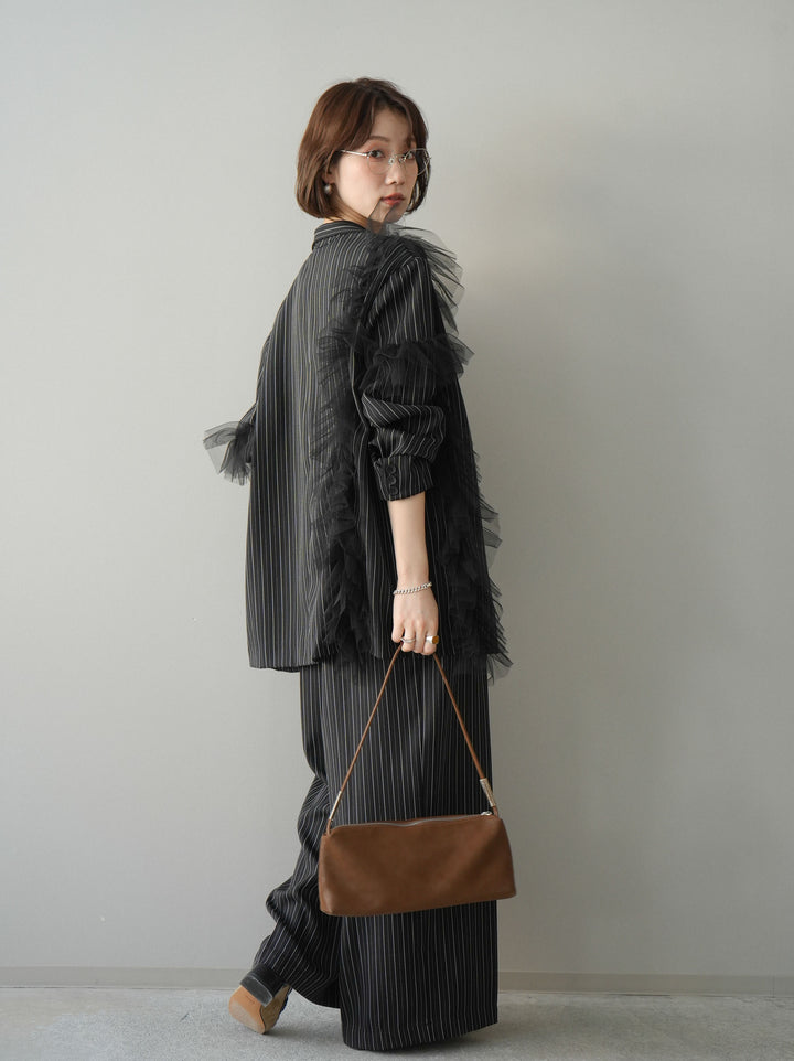 [SET]アシンメトリーチュールストライプジャケット+ヘリンボーンストライプサロペット(2set)