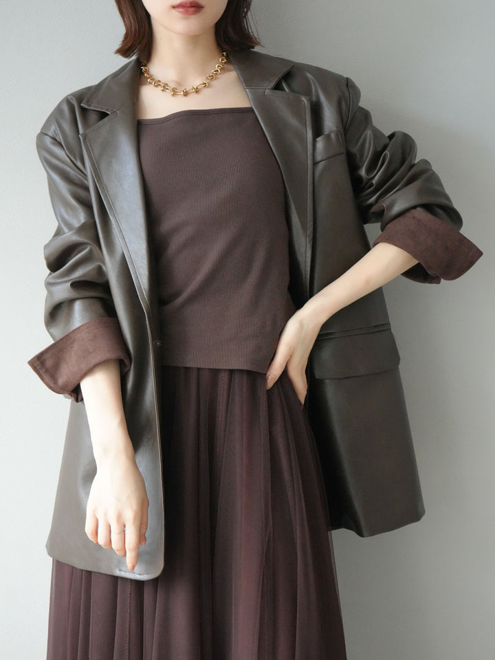 [予約]フェイクレザーテーラードジャケット/ブラウン