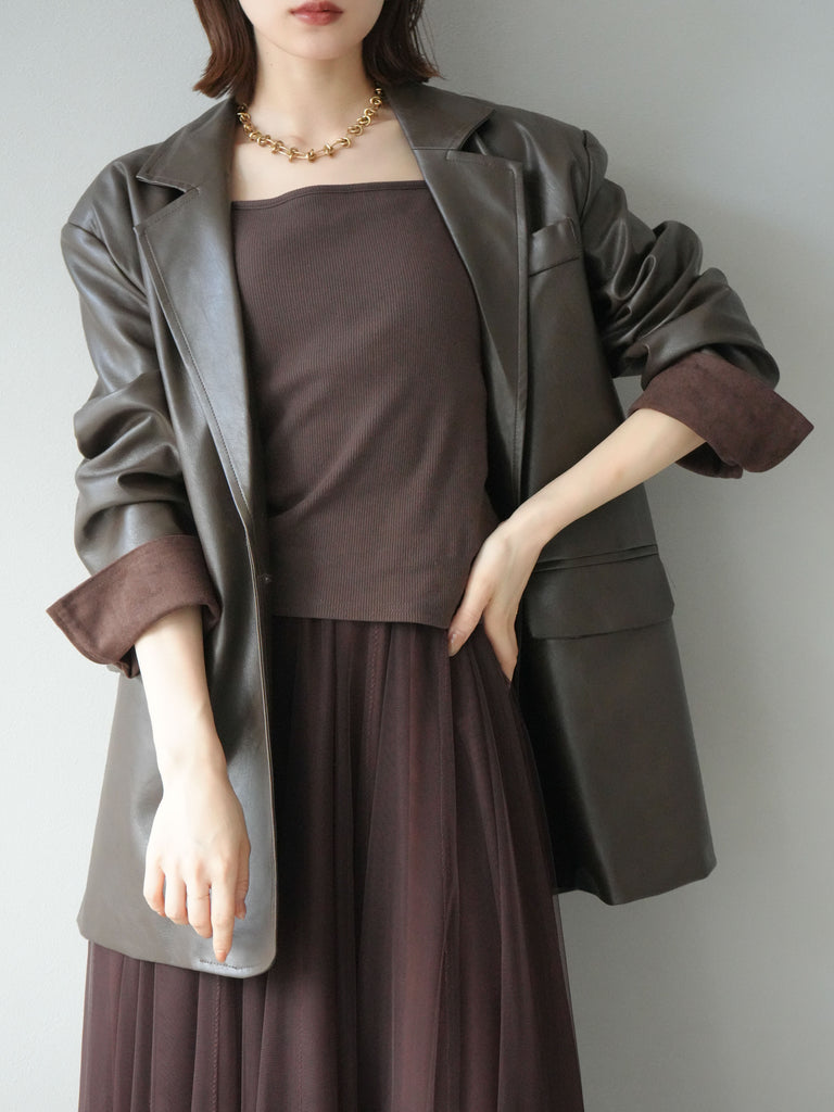 予約]フェイクレザーテーラードジャケット/ブラウン – Lumier