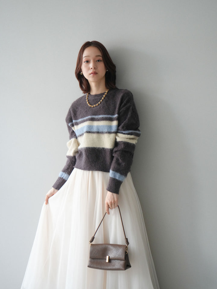 [SET]ソフトタッチボーダークロップドニットプルオーバー+チュールボリュームスカート(2set)