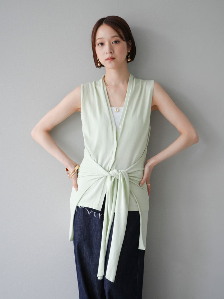 [SET]腰巻きデザインノースリーブニットカーディガン+ヒップデザインデニムパンツ(2set)