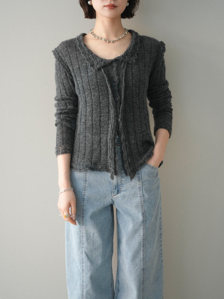 [予約]透かし襟モヘアタッチニットカーディガン/charcoal