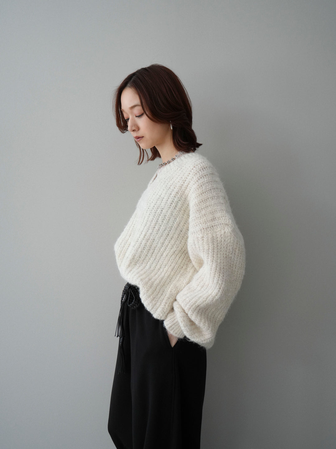 [SET]Vネックレースニットプルオーバー+編み込みベルト付きウエスト配色スエットパンツ(2set)