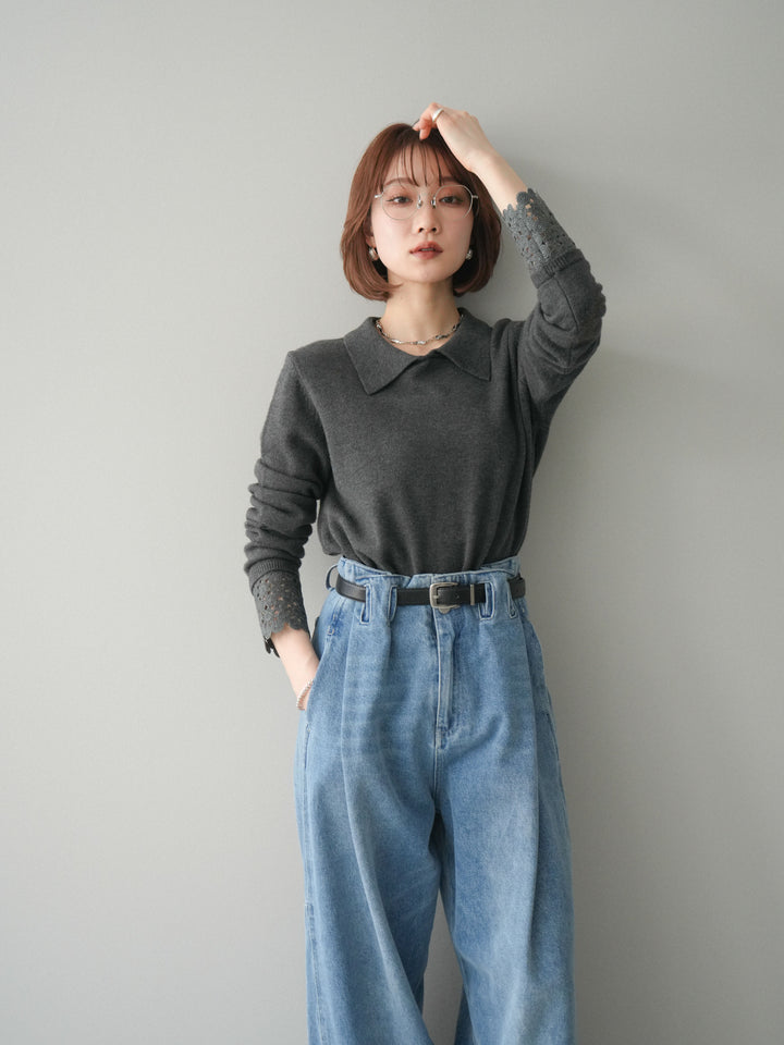 [SET]スカラップレース袖襟付きニットトップス+選べるアクセセット(2set)