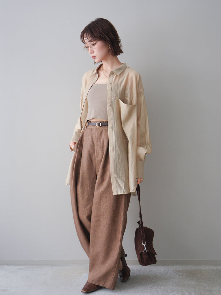 [予約]リネンライクタックワイドパンツ/brown