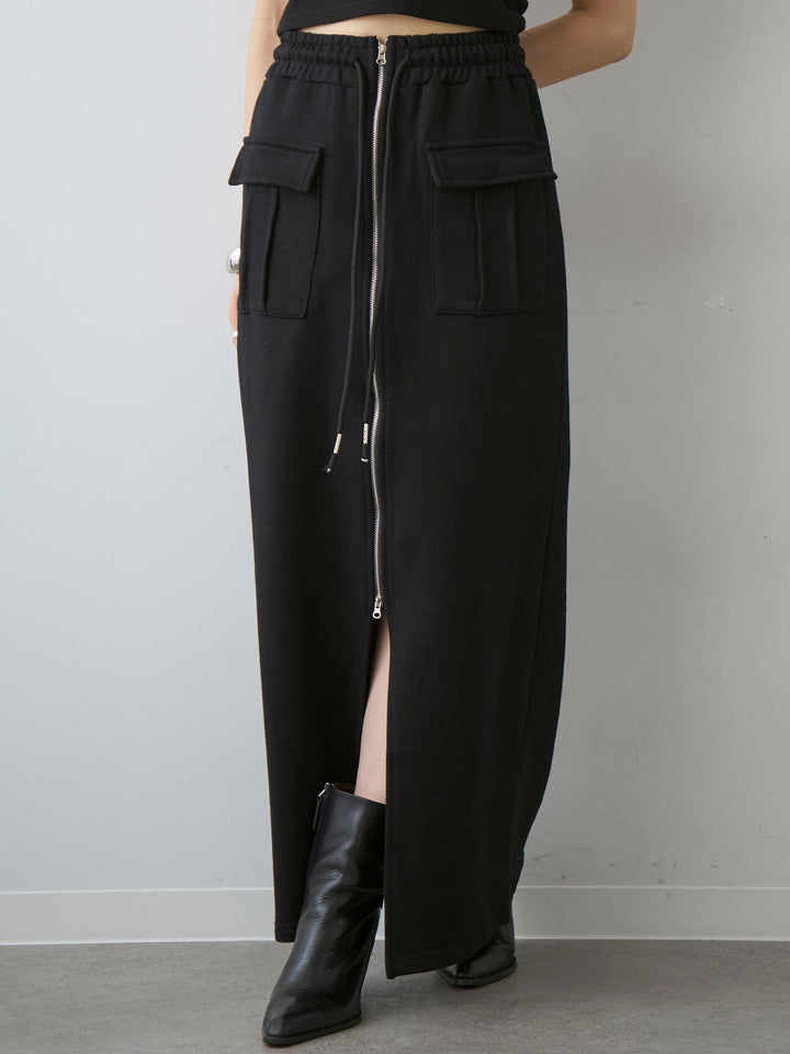 [予約]フロントZIPポケットデザインスウェットスカート/black