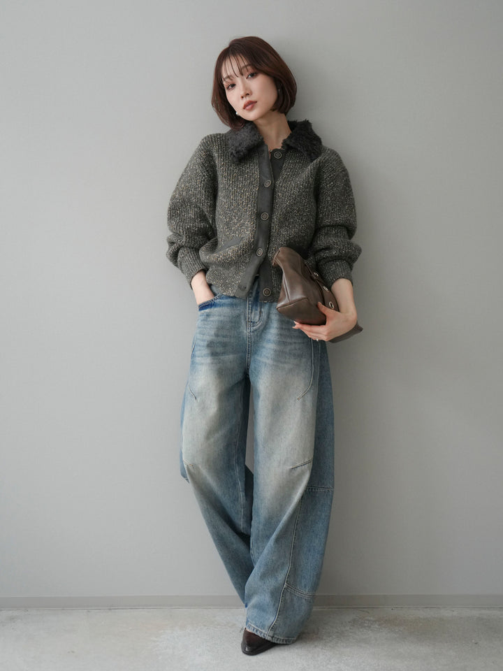 [SET]襟ボアミックスヤーンニットカーディガン+ベルト付カーブデニムパンツ(2set)