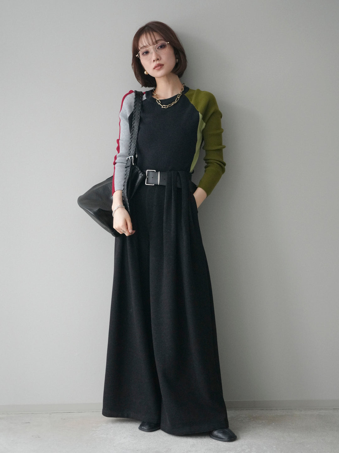 [SET]バイカラーラグランニットトップス+ベルトデザインループウールワイドパンツ(ベルト付)(2set)