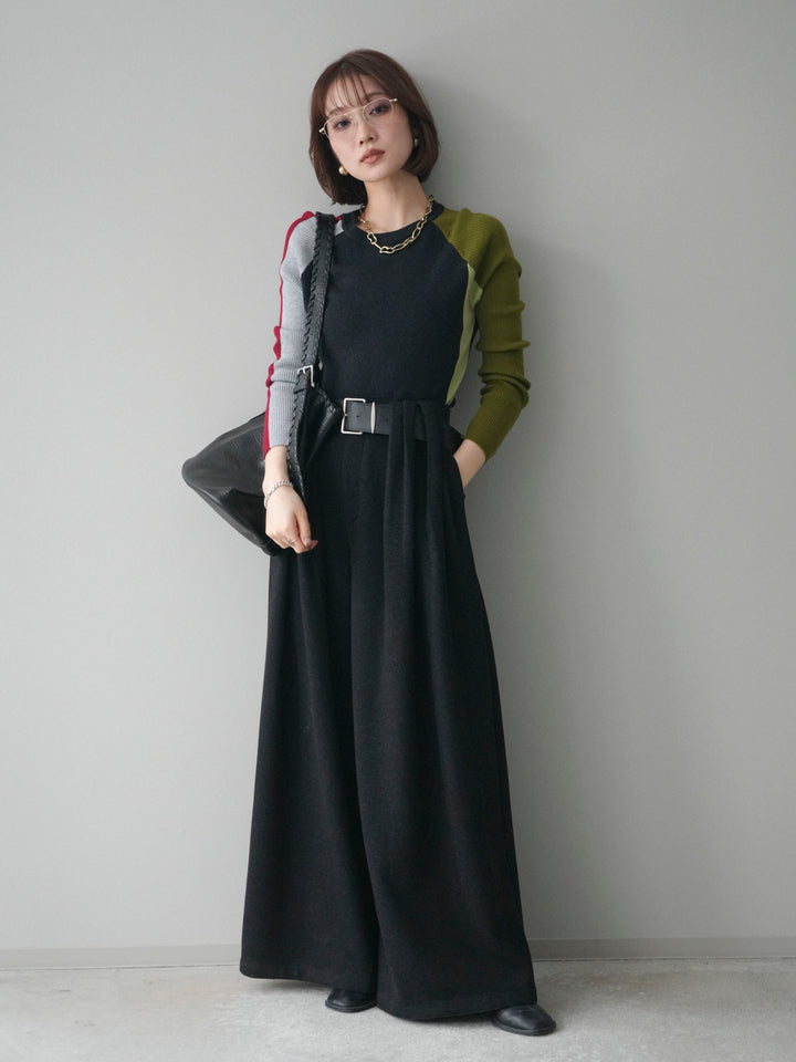 [SET]バイカラーラグランニットトップス+ベルトデザインループウールワイドパンツ(ベルト付)(2set)