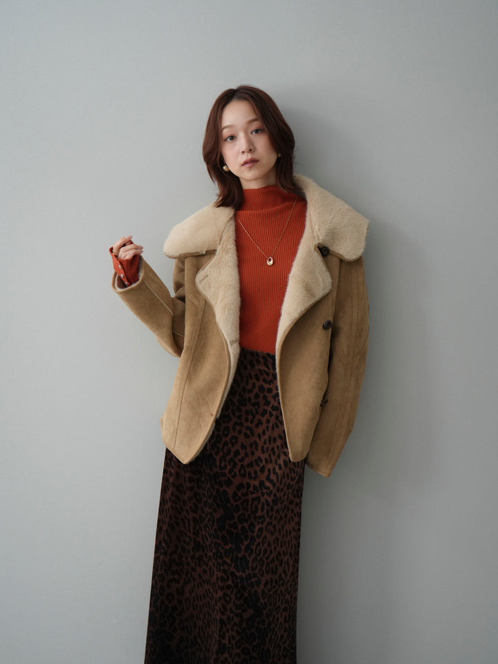 [SET]ムートンショートジャケット+袖ボタンボトルネックリブニットトップス(2set)