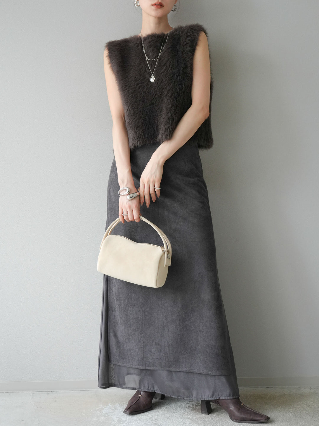 [予約]ミンクライク前後2WAYショートジレ/ブラウン