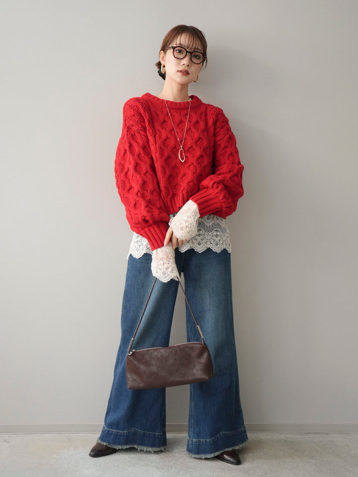 [SET]バルキーケーブルクロップドニットプルオーバー+チュールレーストップス+裏起毛裾フリンジワイドデニムパンツ(3set)