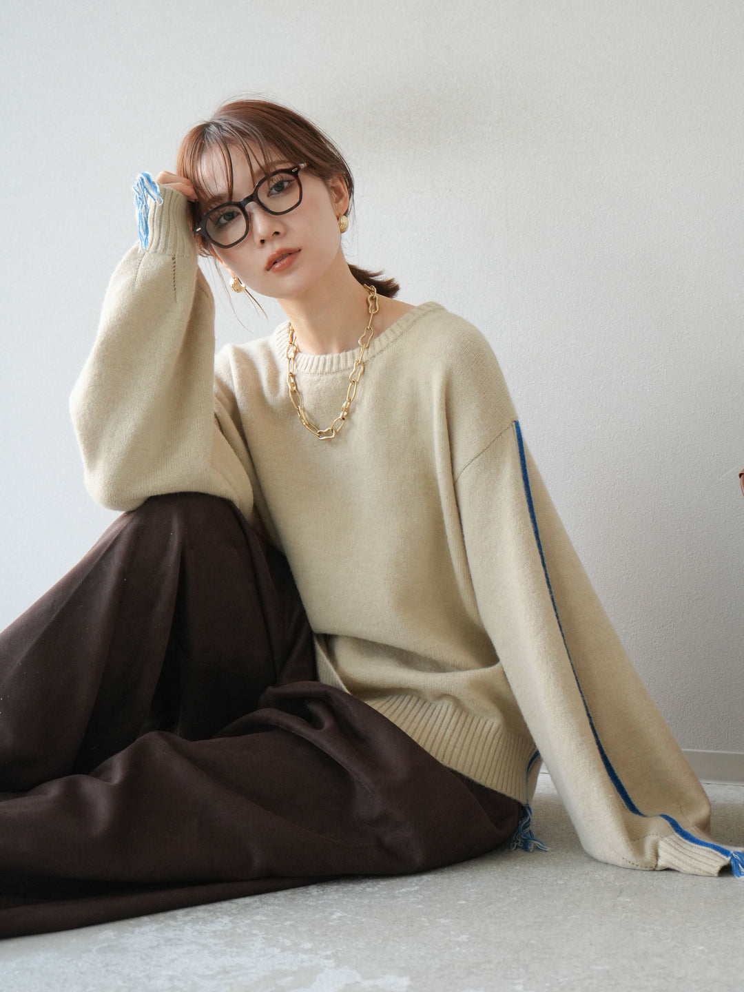 [SET]配色ステッチフリンジニットプルオーバー +スウェードタックワイドパンツ(2set)